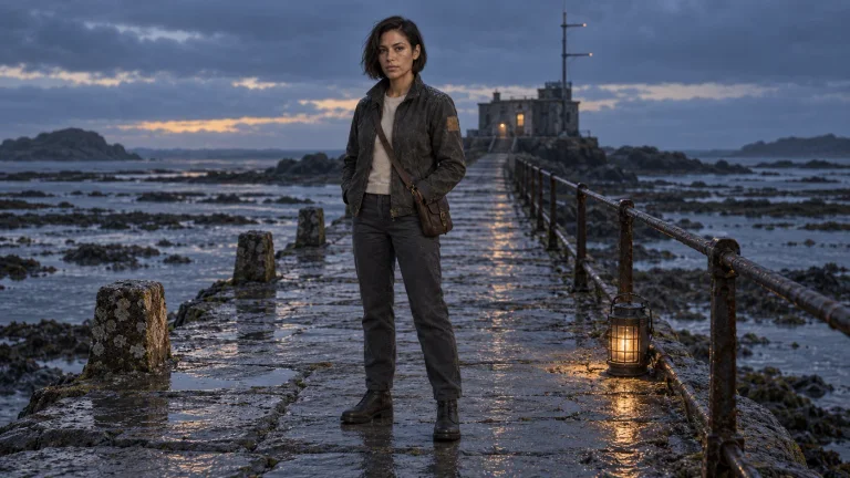 Mara on a wet stone causeway leading toward the coastal signal station.
