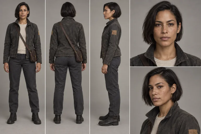 Fictional character sheet for Mara: front, back, profile and facial reference views, with a dark jacket, cream sweater and brown shoulder bag.